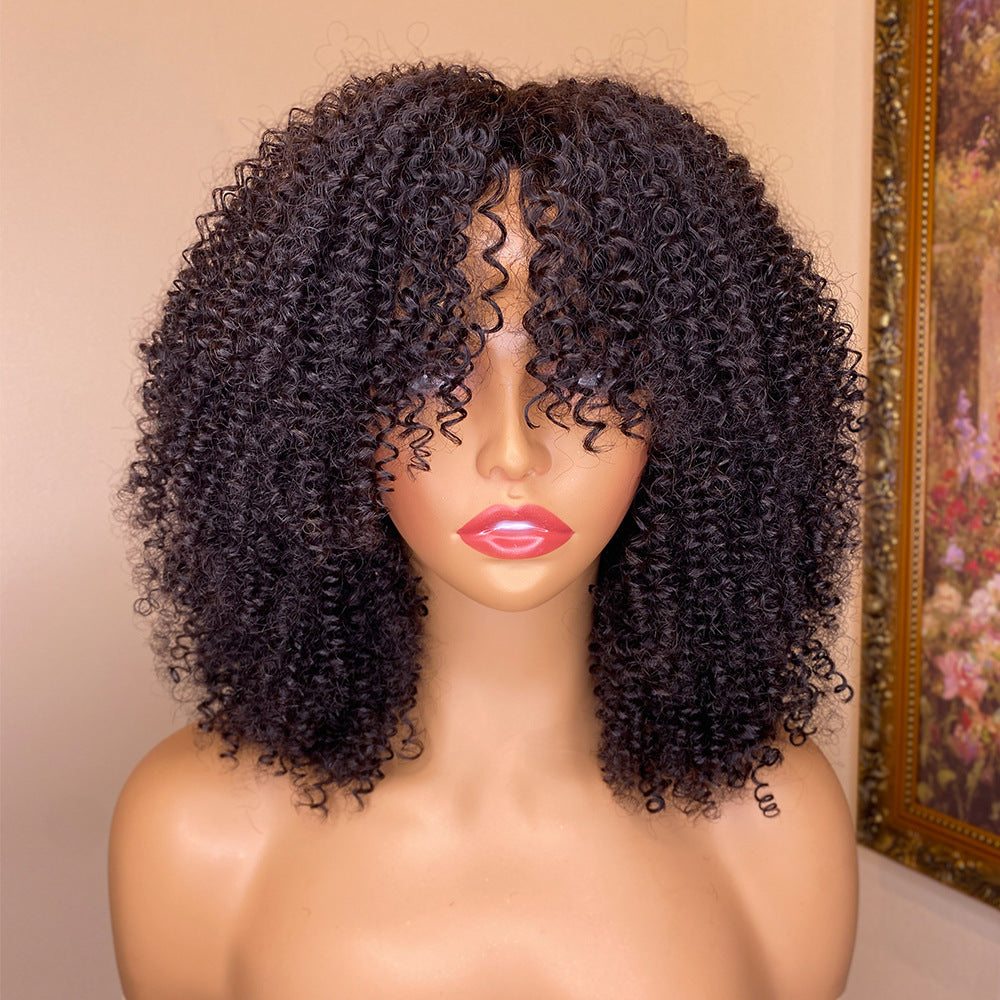Perruques en cheveux humains crépus et bouclés avec frange