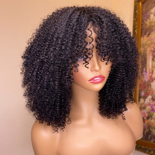 Perruques en cheveux humains crépus et bouclés avec frange
