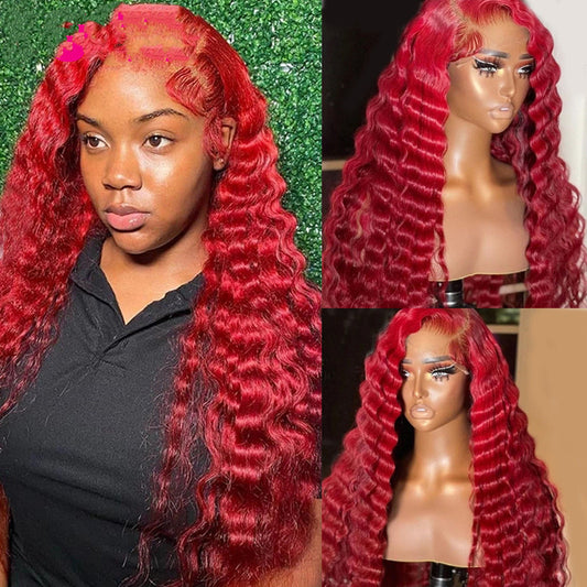 Perruque de cheveux humains ondulés rouges