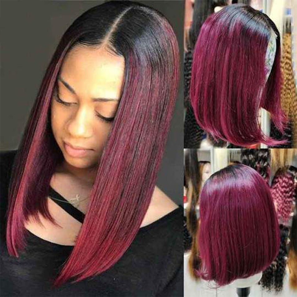 Perruque courte et lisse en cheveux humains colorés 1B-99J