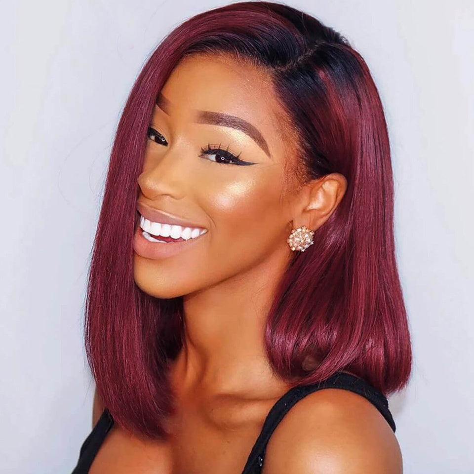 Perruque courte et lisse en cheveux humains colorés 1B-99J