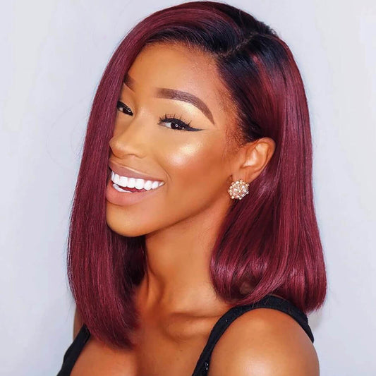 Perruque courte et lisse en cheveux humains colorés 1B-99J